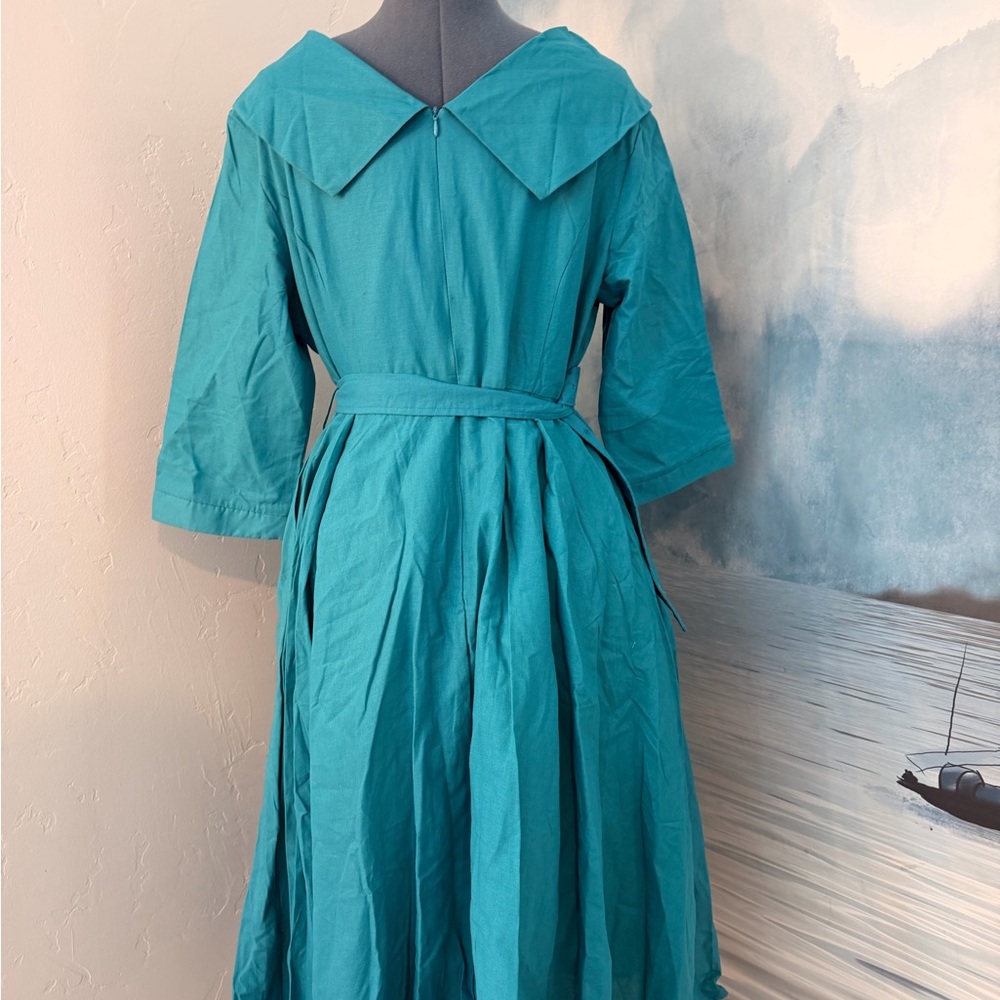 Teal Long-Sleeve Fit & Flare Midi Dress with Waist Belt #135 - Picture 5 of 8